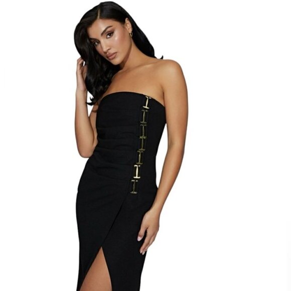 MESHKI STRAPLESS MERCER  BLACK GOLD HOOKS DRESS XXS - Picture 2 of 10